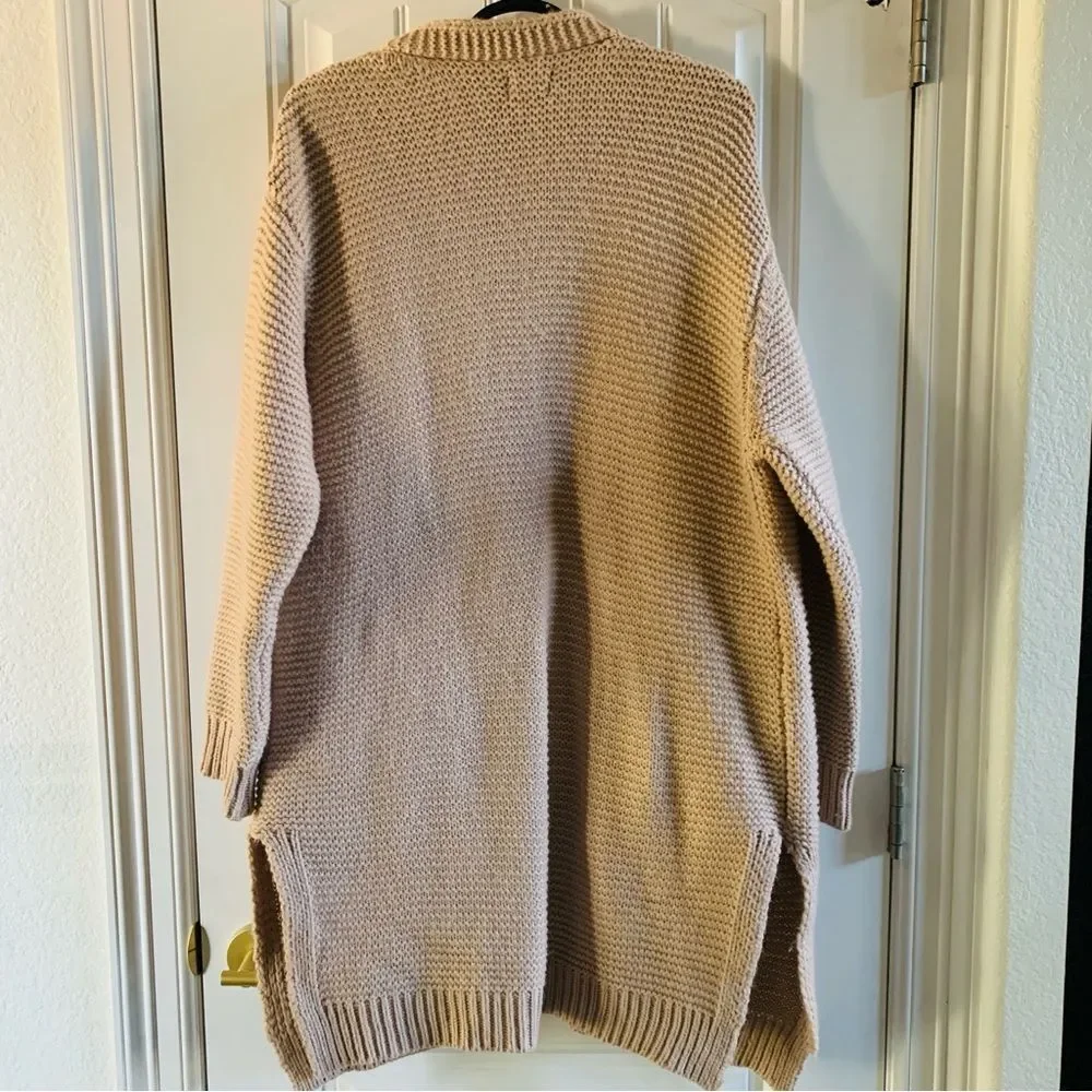 POL Beige Tan Chunky Knit Open Front Pocket Long Comfy Cozy Cardigan | Large - Picture 2 of 7